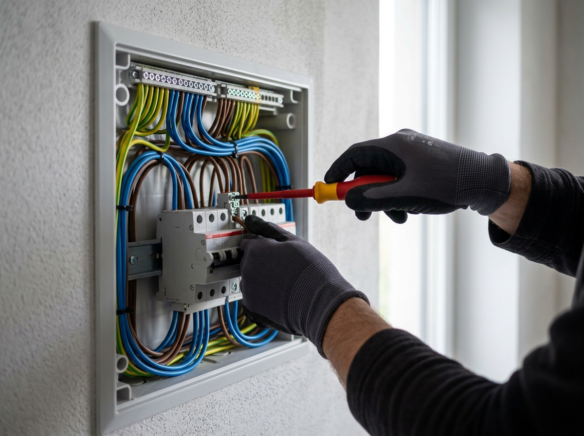 Vakman van SHS aan het werk met groepenkast en elektra installaties